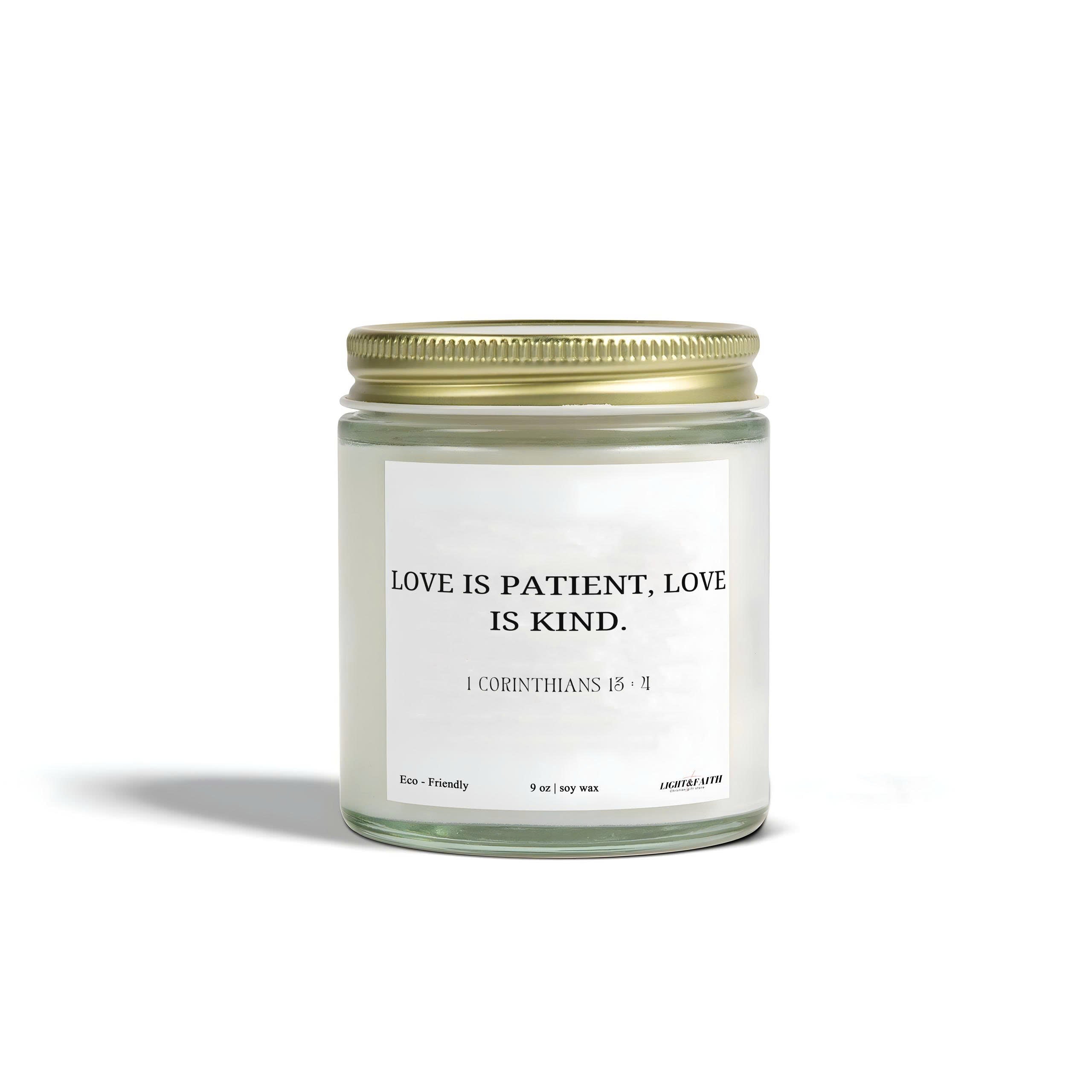 Bible Verse Candle, 1 Corinthians 13:4 Love is Patient Love is Kind, Christian Gift for Her Wedding Candle Eco-Friendly Scripture Decor CDLAF15